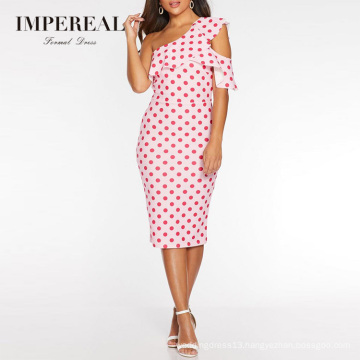 Petite One Shoulder Midi Women Comfortable Korean Red Polka Dot Dress Women